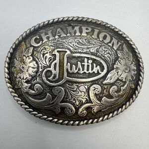 Vintage Justin Boots Champion Belt Buckle Rodeo Western Cowboy